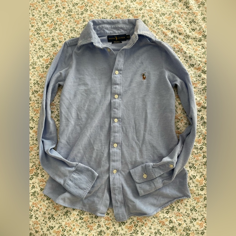 Ralph Lauren Pale Blue knit Oxford Button-Up Shirt with Embroidered Pony